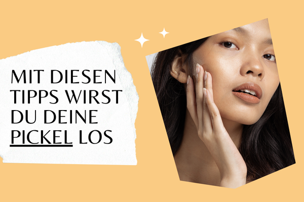Frau mit reiner Haut berührt ihr Gesicht – Text: ‚Mit diesen Tipps wirst du deine Pickel los‘. Hautpflege- und Beauty-Tipps für eine klare Haut.