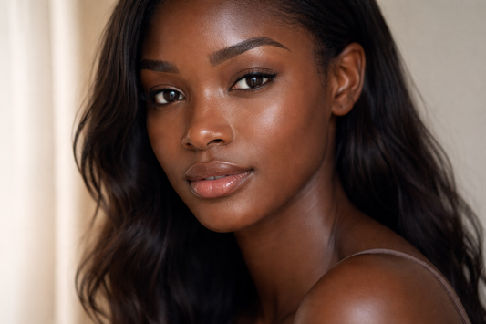 Realistische Nahaufnahme von dunkler, melaninreicher Haut bei natürlichem Licht, ruhige und gesunde Hautstruktur