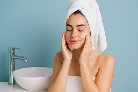 Junge Frau mit weißem Handtuch auf dem Kopf führt ihre Hautpflegeroutine vor dem Waschbecken durch – 7-Tage-Routine für reine Haut, hellblauer Hintergrund, natürliche Schönheit.