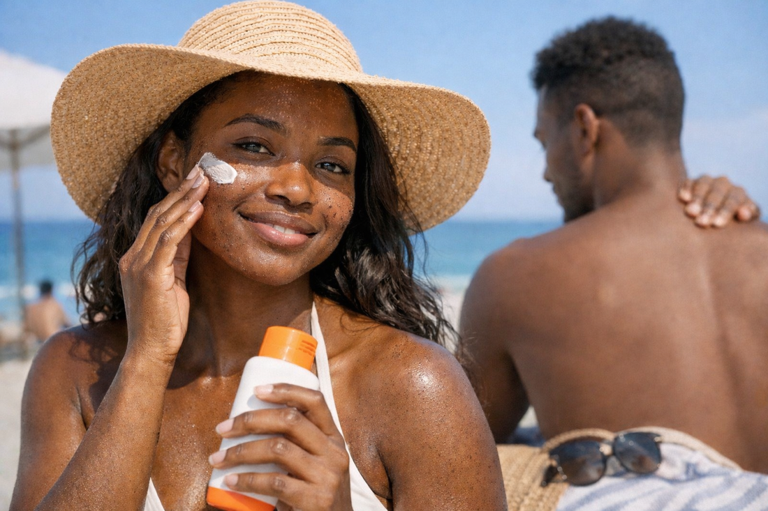 Junge Frau mit dunkler Haut trägt Sonnenschutz im Gesicht auf – Schutz vor Akne, Pickelmalen und postinflammatorischer Hyperpigmentierung (PIH).