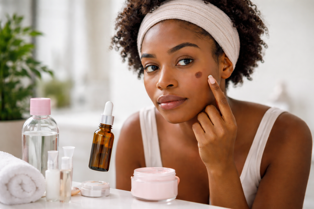 Realistisches Porträt einer Frau mit dunkler Haut und sichtbarem dunklem Fleck auf der Wange im Badezimmer, Hautpflege-Szene ohne Text, Fokus auf gleichmäßigen Teint und Hyperpigmentierung.