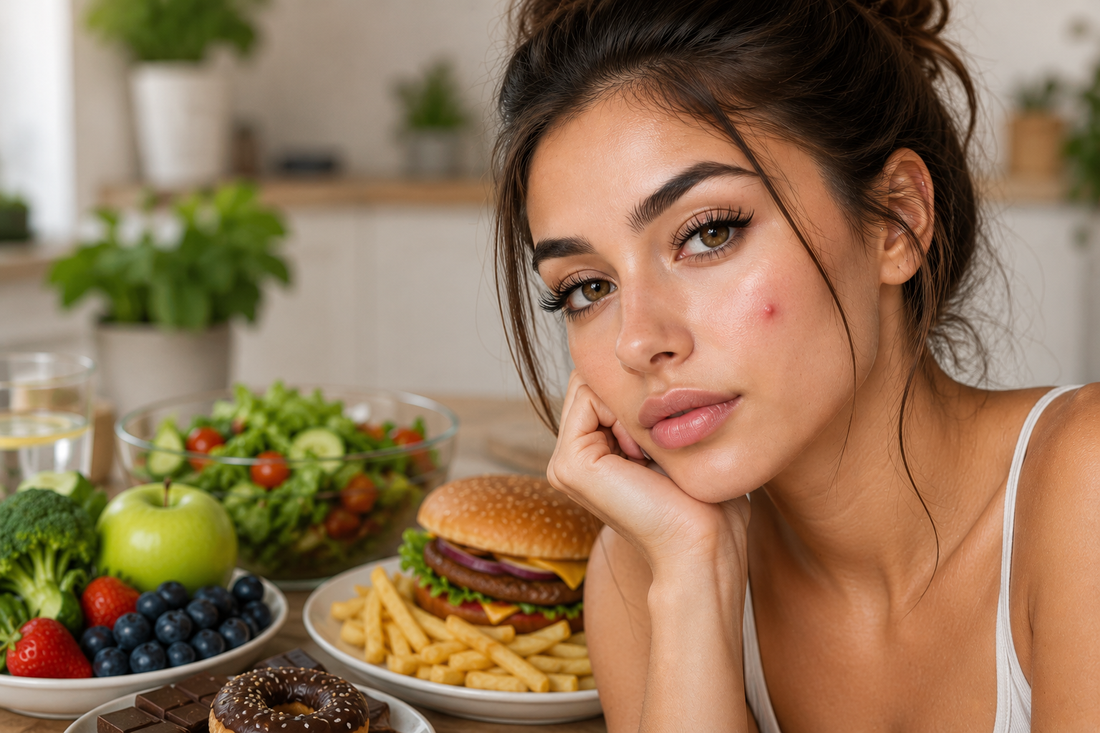 Schöne Frau mit langen dunklen Haaren, schöner Haut und einem Pickel im Gesicht sitzt vor gesunden und ungesunden Lebensmitteln – passendes Blogbild zum Thema Ernährung und Haut.