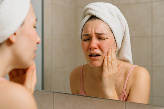 Frau mit Handtuch auf dem Kopf schaut in den Spiegel und hält schmerzhaft ihre brennende, gereizte Gesichtshaut nach der Reinigung.