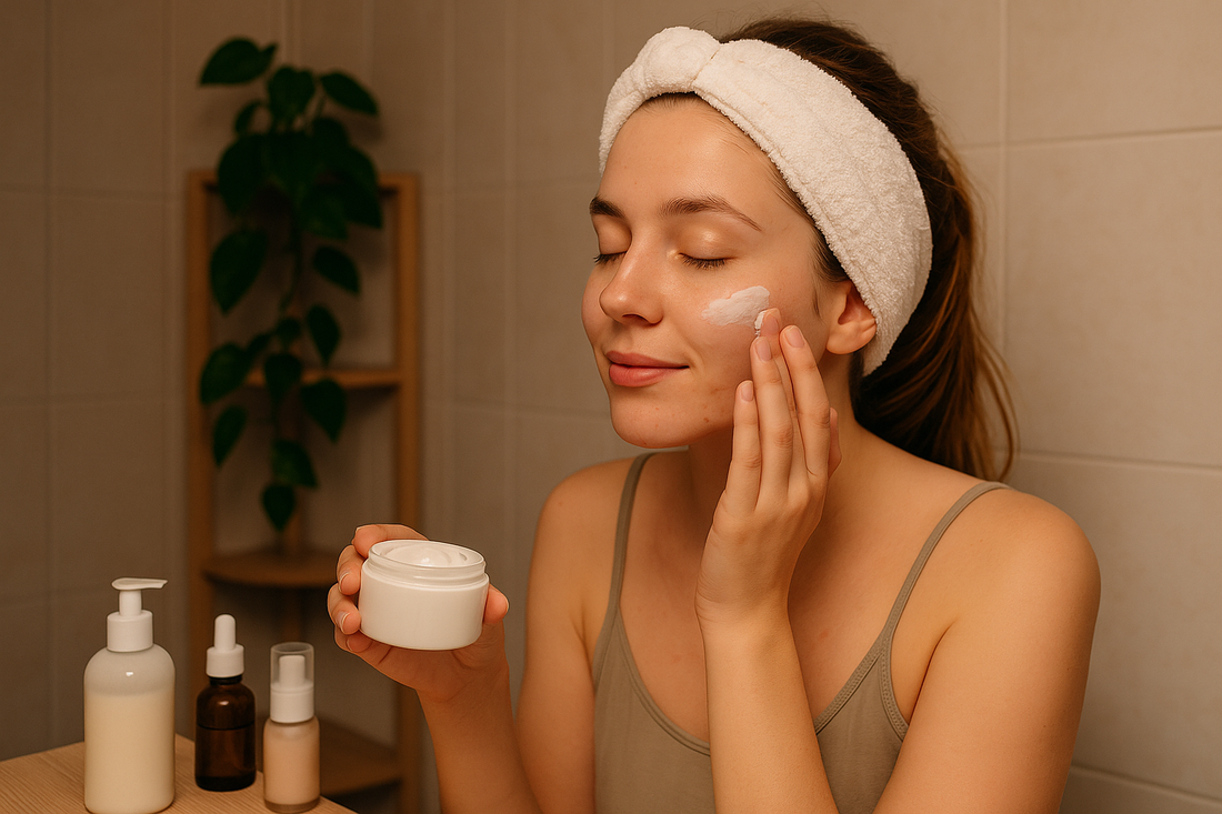 Junge Frau mit Haarband steht abends im Badezimmer und trägt ihre Gesichtspflege auf, während mehrere Pflegeprodukte vor ihr auf dem Waschbecken stehen.