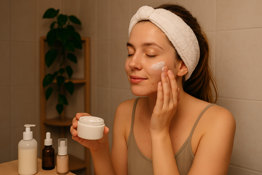 Junge Frau mit Haarband steht abends im Badezimmer und trägt ihre Gesichtspflege auf, während mehrere Pflegeprodukte vor ihr auf dem Waschbecken stehen.