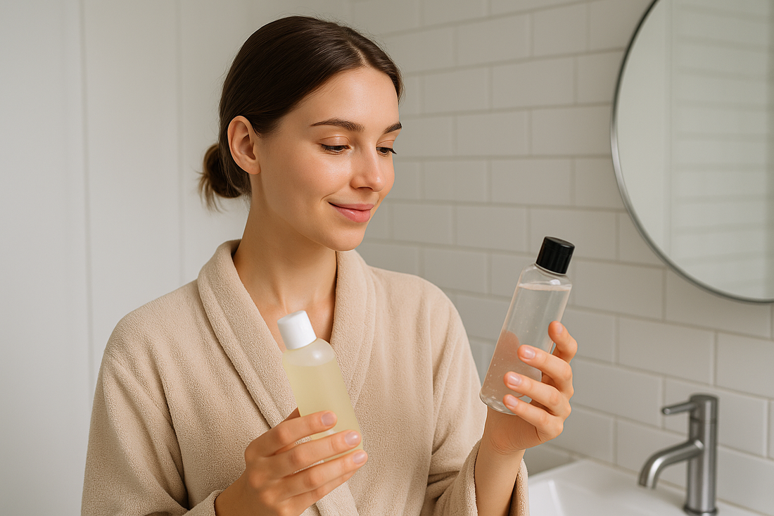 Junge Frau steht im Badezimmer und hält zwei Hautpflegeprodukte in der Hand, neutraler Hintergrund ohne Text, ideal für AHA- und BHA-Skincare-Themen