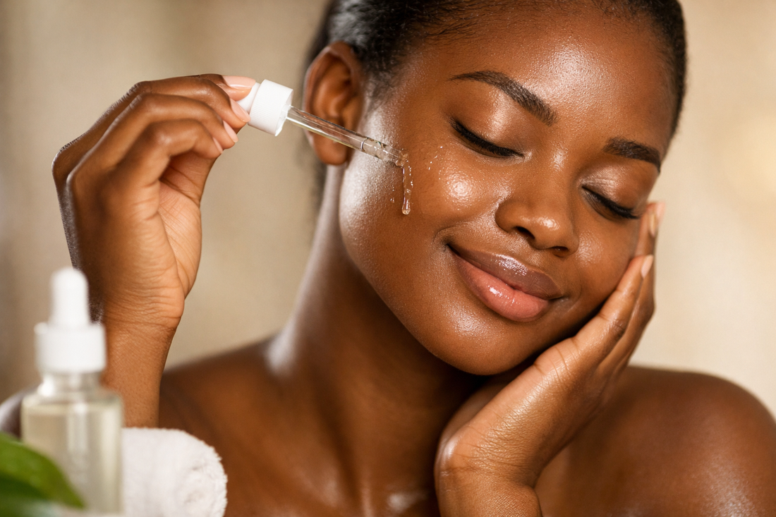 Frau mit dunkler Haut trägt sanft ein AHA-Serum auf das Gesicht auf – chemisches Peeling für melaninreiche Haut