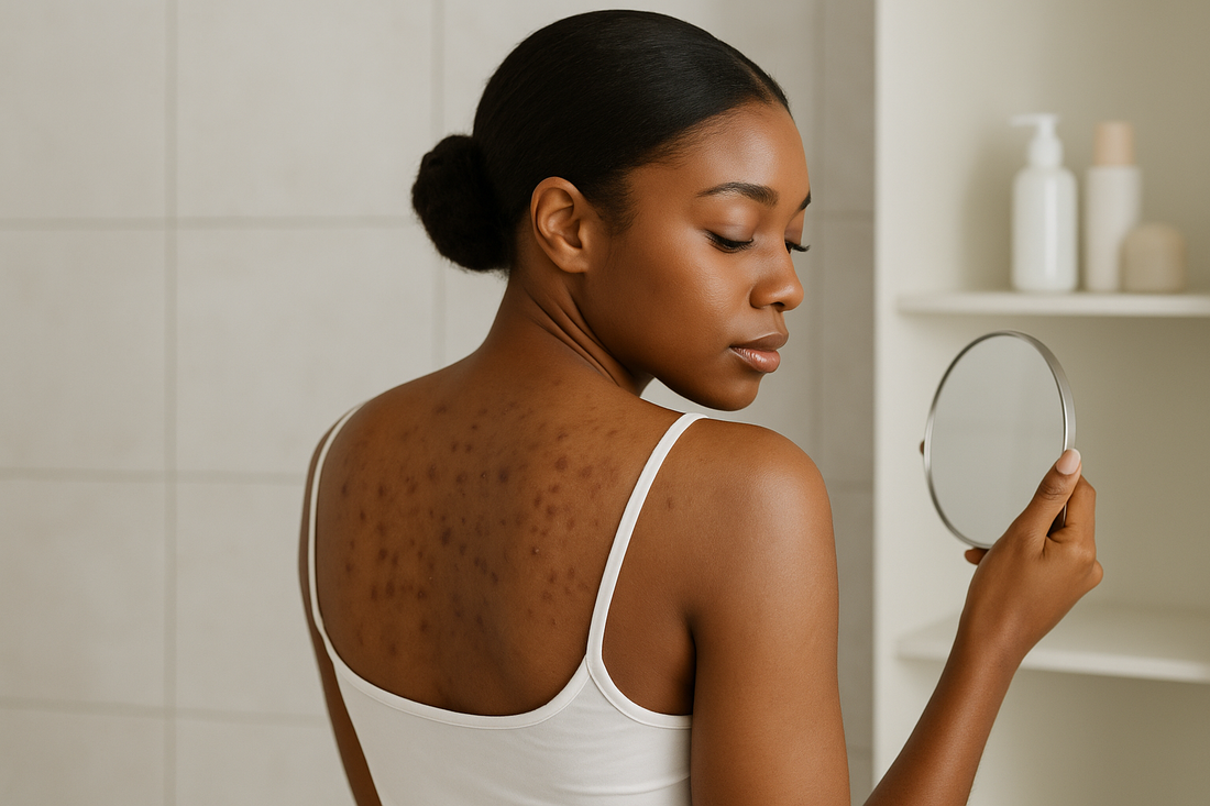 Junge schwarze Frau betrachtet ihre Rückenakne im modernen Badezimmer; dunkle Haut mit sichtbarer PIH, weißes Top, Spiegel in der Hand.