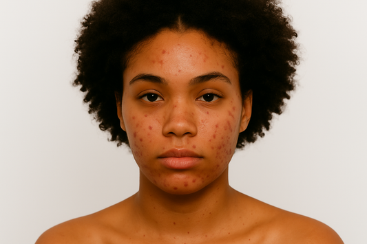 Junge Black-Skin-Frau mit sichtbarer Akne und roten entzündeten Pickeln im Gesicht, neutraler heller Hintergrund, natürliche Afro-Frisur.