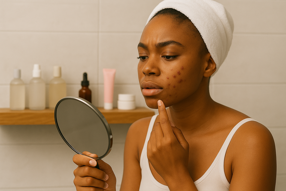 Junge schwarze Frau mit Handspiegel betrachtet ihre Akne an der Wange im modernen Badezimmer; weißes Oberteil, Handtuch auf dem Kopf, Pflegeprodukte im Hintergrund.