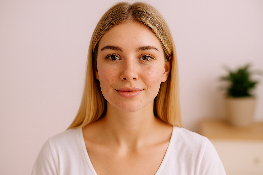 Junge blonde Frau mit leichter Akne im Gesicht, lächelt sanft in einem hellrosa Zimmer – natürliche Schönheit und ganzheitliche Hautpflege gegen Pickel.