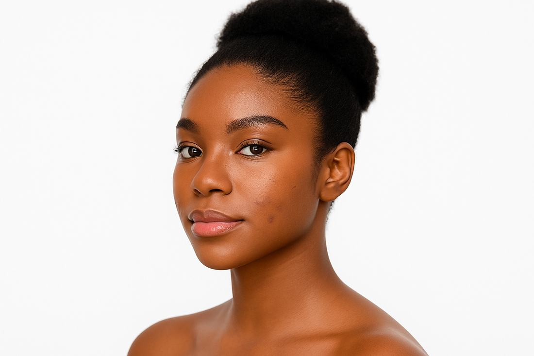 Sehr hübsche Black-Skin-Frau mit glatter, dunkler Haut vor weißem Hintergrund; leichte Akne-Narben an der Wange, cleanes Beauty-Porträt.