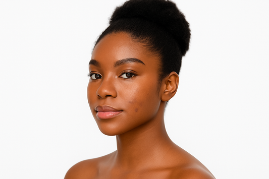 Sehr hübsche Black-Skin-Frau mit glatter, dunkler Haut vor weißem Hintergrund; leichte Akne-Narben an der Wange, cleanes Beauty-Porträt.