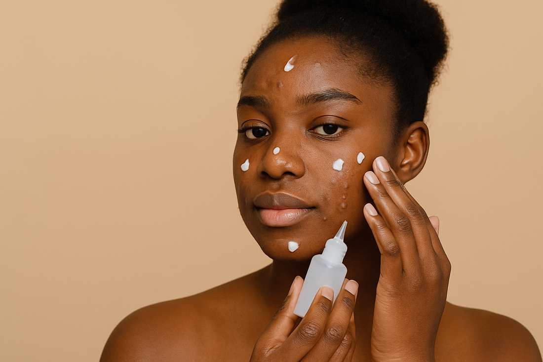 Junge schwarze Frau trägt sanft eine Akne-Pflege auf ihre dunkle Haut auf; Nahaufnahme, minimalistisch, glowy Skin, neutraler Hintergrund.