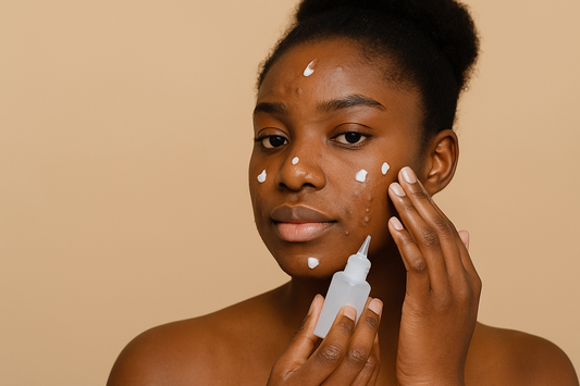 Junge schwarze Frau trägt sanft eine Akne-Pflege auf ihre dunkle Haut auf; Nahaufnahme, minimalistisch, glowy Skin, neutraler Hintergrund.