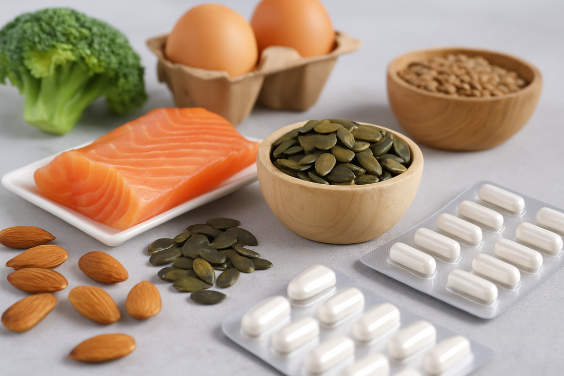 Ausgewählte proteinreiche Lebensmittel wie Lachs, Kürbiskerne, Eier, Mandeln, Brokkoli und Linsen, kombiniert mit weißen Aminosäure-Kapseln – ideal zur Darstellung von Aminosäuren für Hautgesundheit.