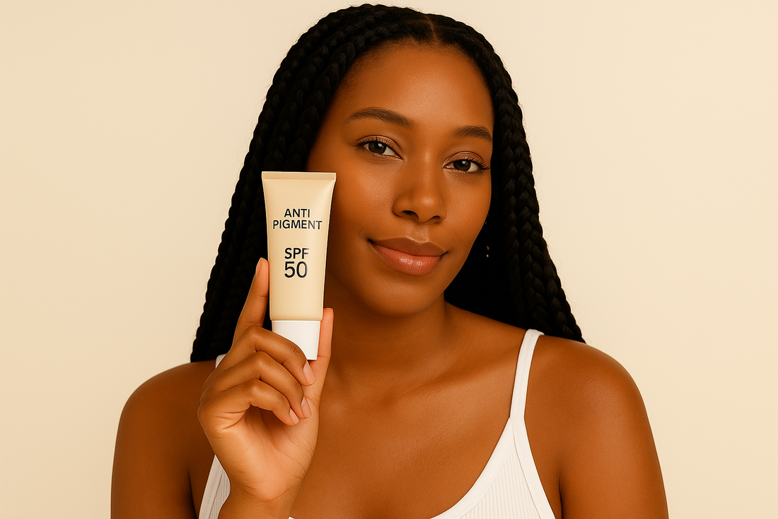 „Braunhäutige Frau mit langen schwarzen Braids hält eine Tube Anti-Pigment SPF 50 neben ihrem Gesicht, leicht geschminkt mit natürlichem Glow vor cremefarbenem Hintergrund.“