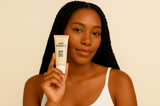 „Braunhäutige Frau mit langen schwarzen Braids hält eine Tube Anti-Pigment SPF 50 neben ihrem Gesicht, leicht geschminkt mit natürlichem Glow vor cremefarbenem Hintergrund.“