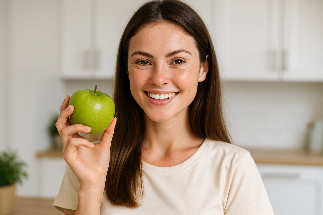 Junge Frau mit glatter Haut hält einen grünen Apfel in einer hellen Küche – Symbol für gesunde Ernährung, reine Haut und natürliche Schönheit.