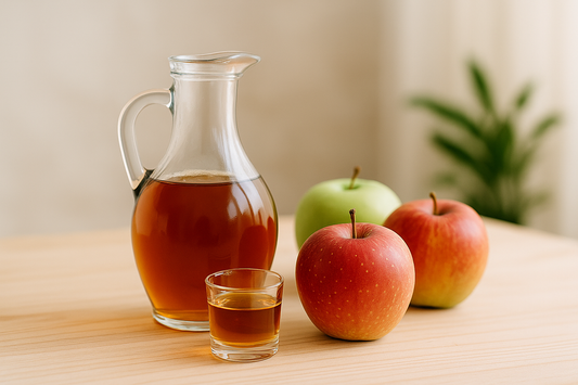 Glasflasche mit goldbraunem Apfelessig und frischen roten sowie grünen Äpfeln auf einem hellen Holztisch – natürliches Blogbild zum Thema Apfelessig gegen Pickel.