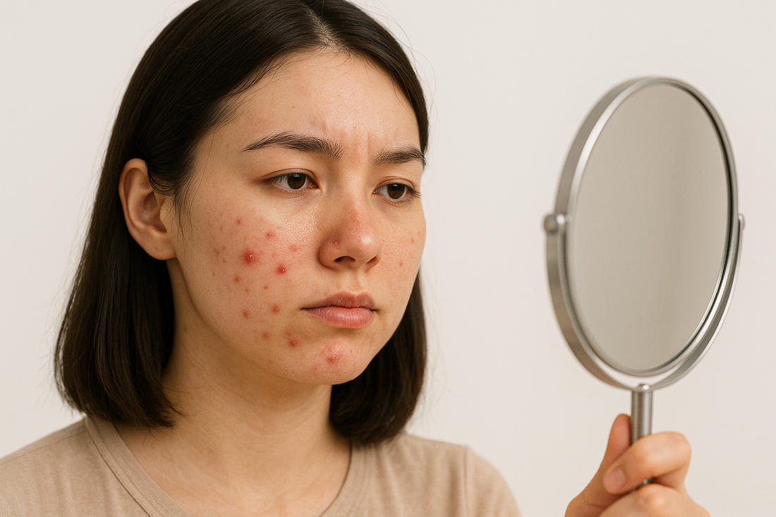 Hübsche asiatische Frau mit mehreren entzündeten Pickeln im Gesicht, die in einen Handspiegel schaut, heller neutraler Hintergrund.