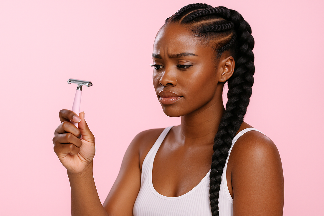 Wunderschöne Black-Skin Frau mit Cornrows hält einen Rasierer vor rosa Hintergrund – Symbolbild für Rasur, Hautpflege und Rasierpickel bei dunkler Haut