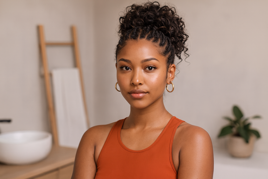Wunderschöne Black Woman mit goldbrauner Haut, hochgesteckten Boho-Braids und orangefarbenem Top steht in einem hellen Badezimmer und schaut ruhig in die Kamera.