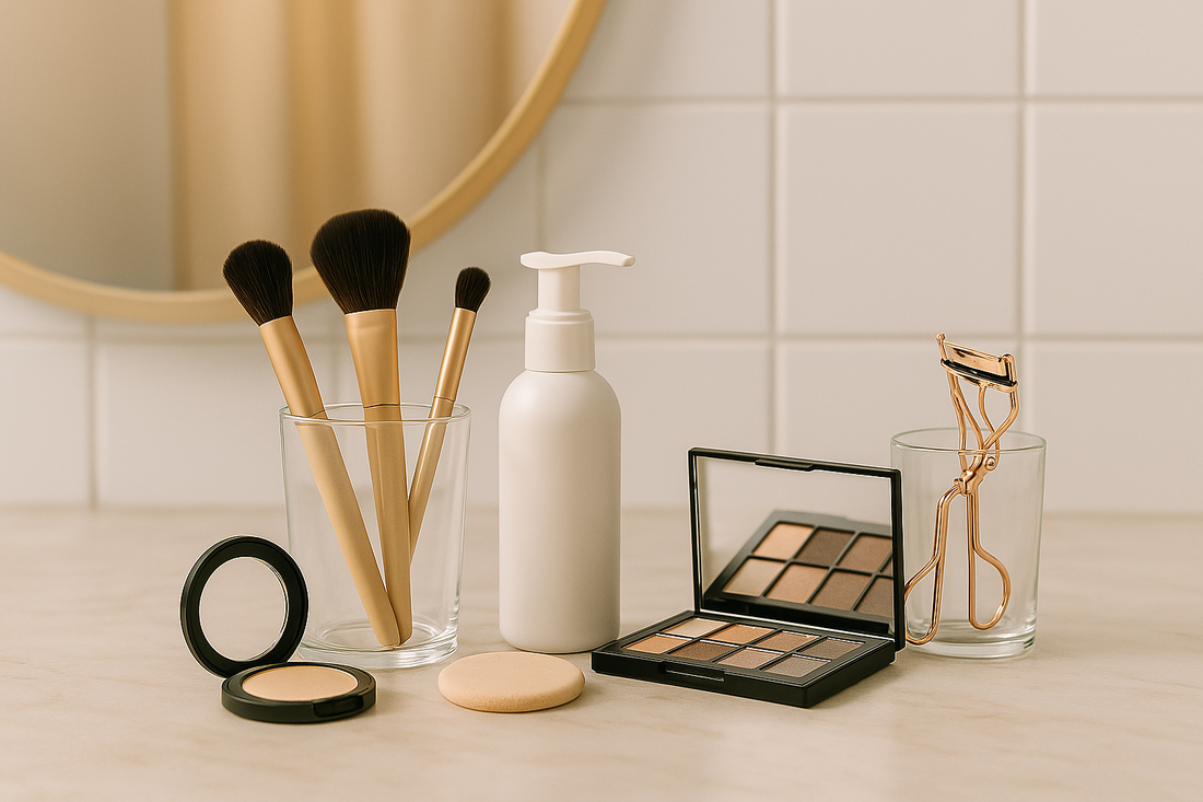 Beauty-Tools wie Pinsel und Schwämme liegen im Badezimmer auf einer sauberen weißen Oberfläche