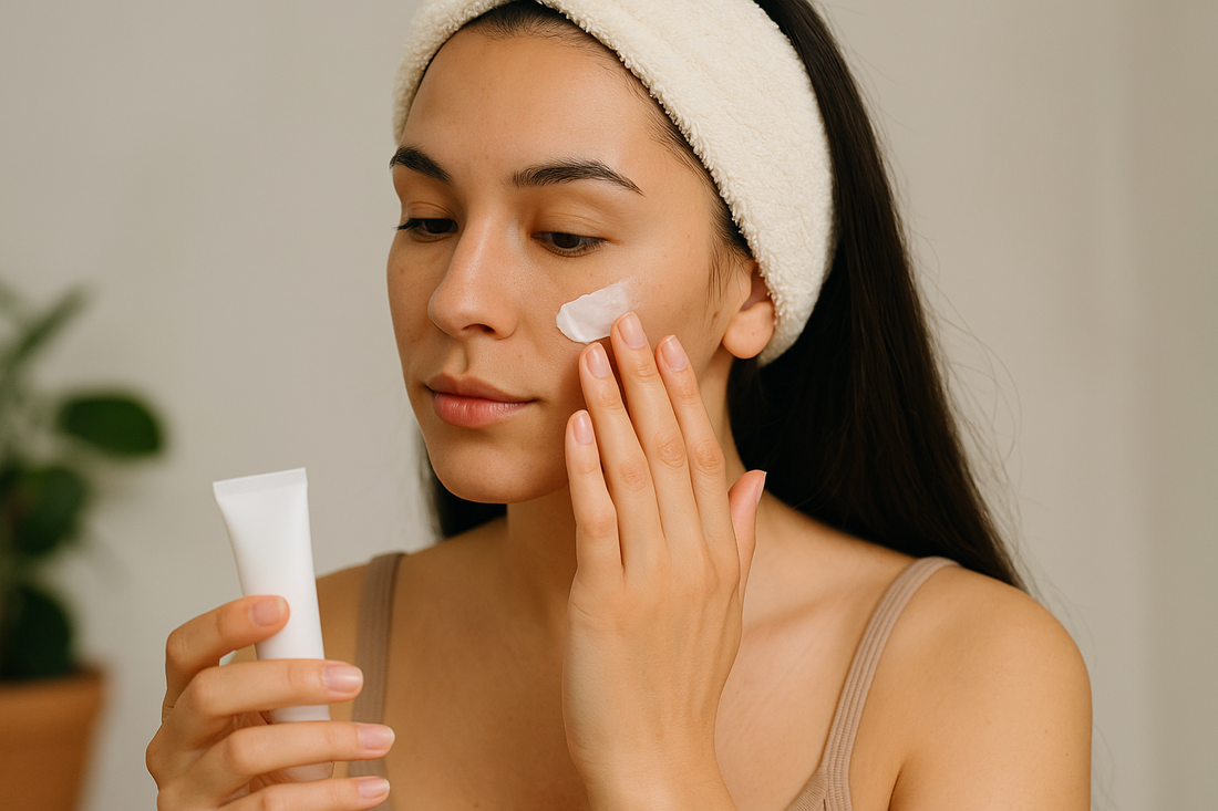 Frau trägt eine weiße Aknecreme auf die Wange auf – Symbolbild für die Anwendung von Benzoylperoxid bei unreiner Haut.