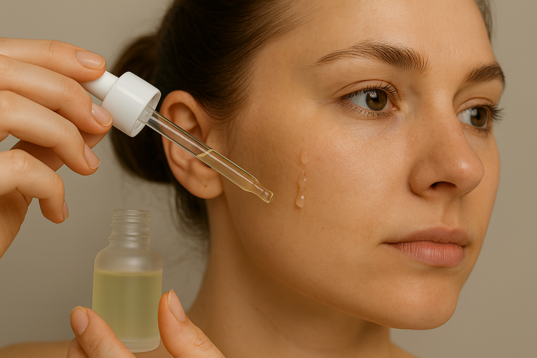 Nahaufnahme einer Frau, die neutrales Serum mit einer Pipette auf die Wange aufträgt;