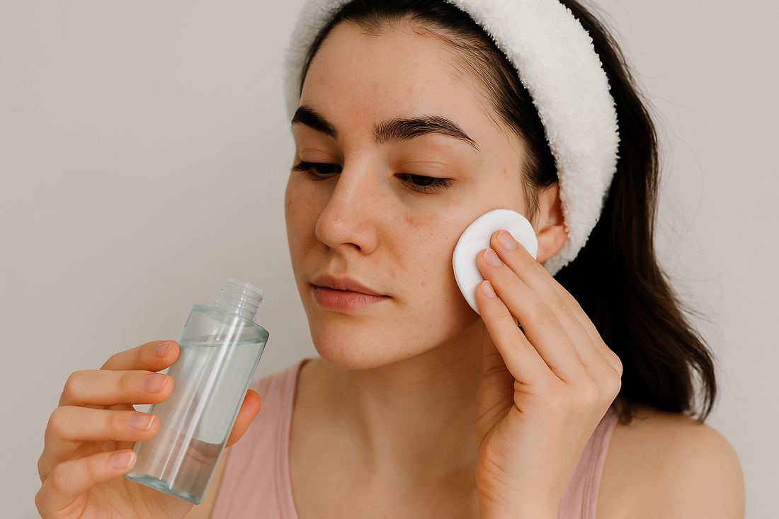 Junge Frau trägt mit einem Wattepad ein mildes flüssiges Peeling auf die Wange auf, symbolisch für die sanfte Anwendung von BHA bei empfindlicher Haut.