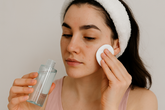 Junge Frau trägt mit einem Wattepad ein mildes flüssiges Peeling auf die Wange auf, symbolisch für die sanfte Anwendung von BHA bei empfindlicher Haut.