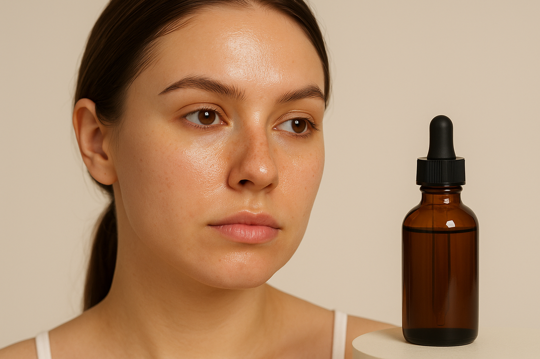 Nahaufnahme einer jungen Frau mit fettiger Haut und sichtbaren Poren neben einer braunen Serumflasche im Querformat