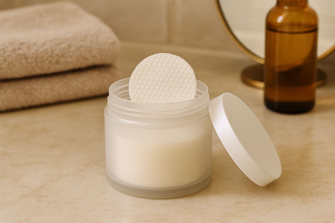 Ästhetisch arrangierte Peeling Pads in einem offenen Tiegel auf einer Badezimmerablage, umgeben von weichen Handtüchern und Pflegeaccessoires.