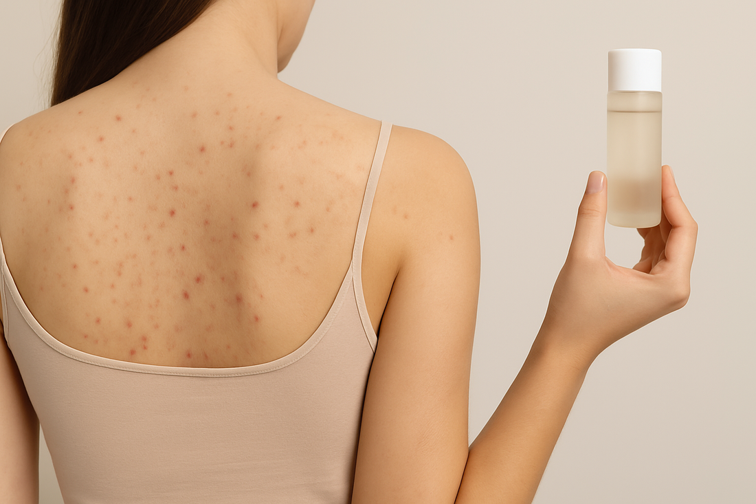 Rücken einer Frau mit sichtbarer Körper- und Rückenakne, die eine Flasche BHA-Produkt in der Hand hält