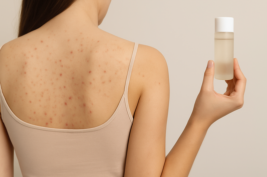 Rücken einer Frau mit sichtbarer Körper- und Rückenakne, die eine Flasche BHA-Produkt in der Hand hält