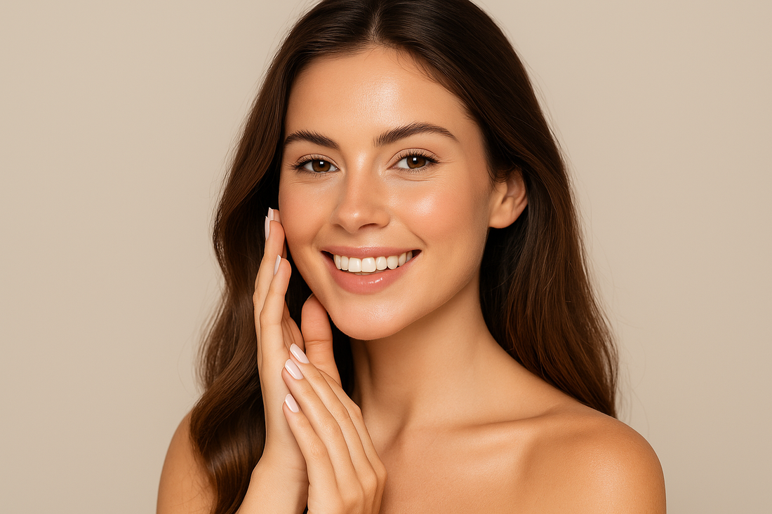 Frau mit strahlender, reiner Haut, langen glänzenden Haaren und gepflegten Nägeln – Symbol für die Wirkung von Biotin auf Haut, Haare und Nägel.