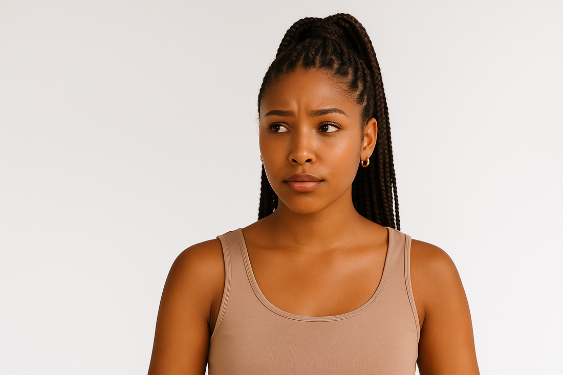 Junge Black Woman mit goldbrauner Haut, hohen Braids im Pferdeschwanz und beigefarbenem Top schaut fragend zur Seite vor einem weißen Hintergrund.