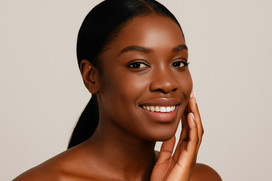 „Hübsche Black-Skin Frau lächelt und berührt sanft ihr Gesicht, glatte strahlende Haut vor neutralem Hintergrund.“