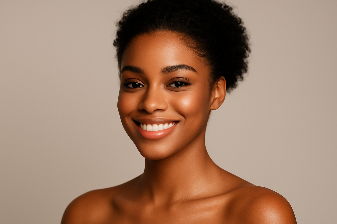 „Ultra hübsche Black-Skin Frau mit strahlender Haut und warmem Lächeln vor neutralem Hintergrund, Beauty-Porträt.“