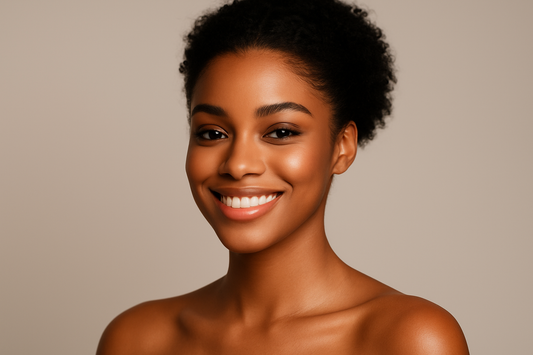 „Ultra hübsche Black-Skin Frau mit strahlender Haut und warmem Lächeln vor neutralem Hintergrund, Beauty-Porträt.“