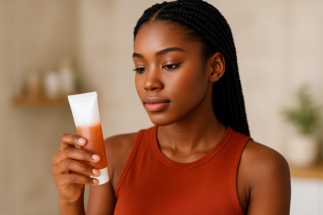 Ultra hübsche schwarze Frau mit langen Braids und dunkelorangem ärmellosen Top betrachtet eine Peeling-Tube im modernen Badezimmer; warmer, minimalistischer Hintergrund.