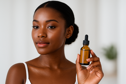 Ultra hübsche schwarze Frau hält ein bernsteinfarbenes Gesichtsölfläschchen in der Hand; glowy Haut, weißes Oberteil, heller minimalistischer Hintergrund.