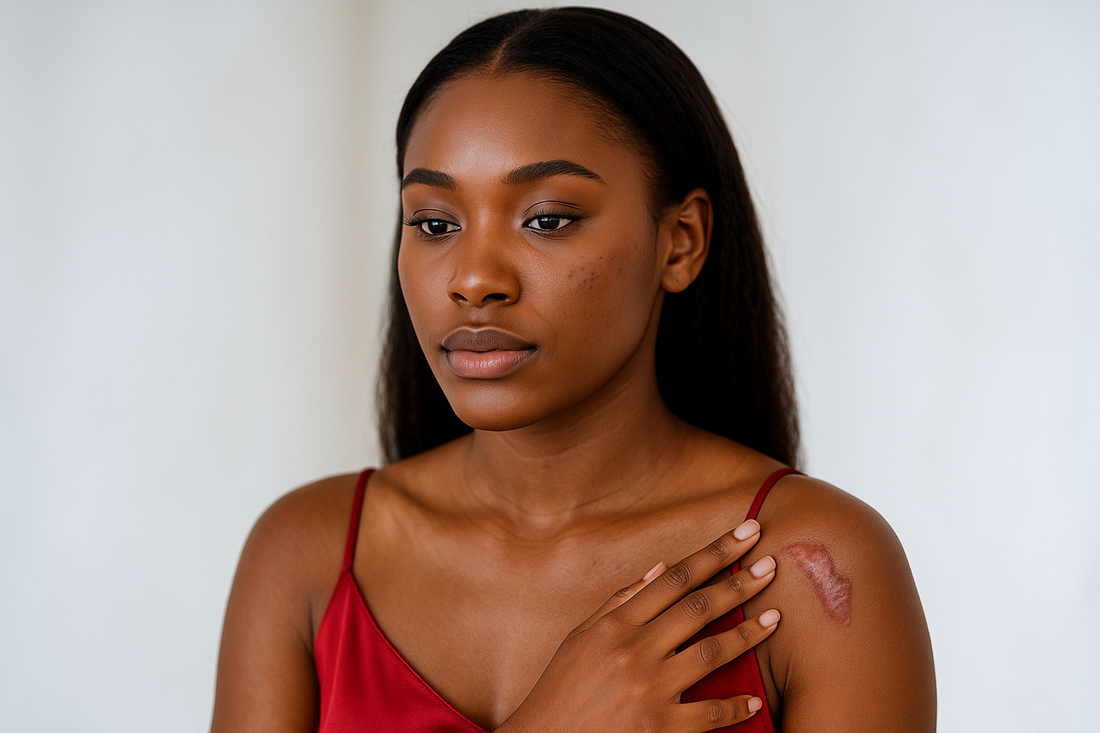 Black-Skin-Frau mit langem glattem Haar trägt ein rotes Seidentop und berührt eine sichtbare Keloid-Narbe auf ihrer Schulter; ruhiger Gesichtsausdruck, heller Hintergrund.