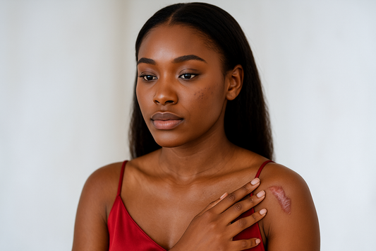Black-Skin-Frau mit langem glattem Haar trägt ein rotes Seidentop und berührt eine sichtbare Keloid-Narbe auf ihrer Schulter; ruhiger Gesichtsausdruck, heller Hintergrund.