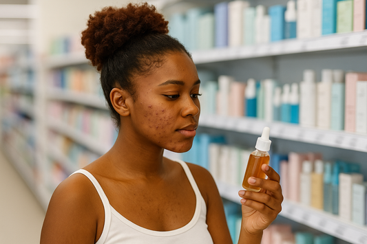 Black-Skin-Frau mit leicht sichtbarer Akne und dunkelroten Locken im Dutt betrachtet ein Serum im Drogeriemarkt; vor einem Regal mit verschiedenen Pflegeprodukten.