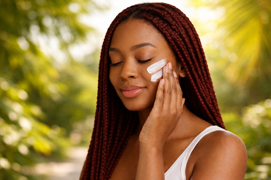 Black-Skin-Frau trägt Sonnenschutz mit einem weißen SPF-Streifen im Gesicht im Sonnenlicht auf