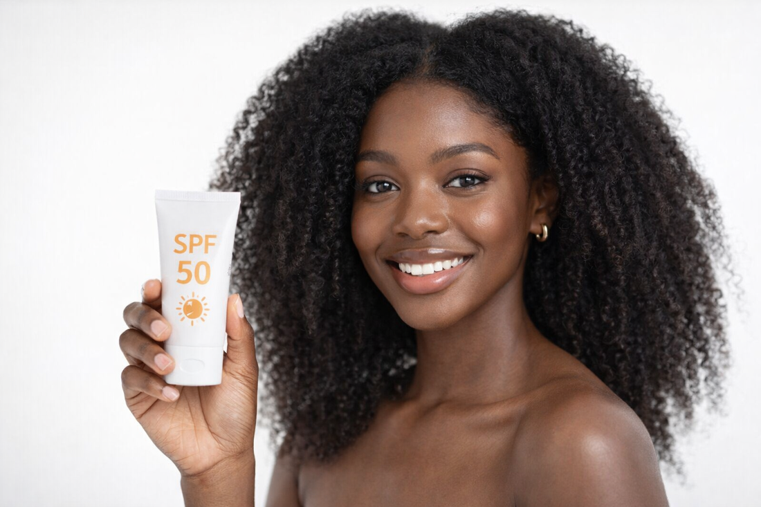 Black-Skin-Frau mit strahlender Haut hält SPF-50-Sonnenschutz in der Hand vor weißem Hintergrund