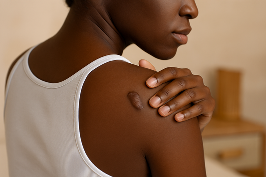 Junge Black-Skin Frau hält sanft ihre Schulter, sichtbares Keloid auf der Haut – Symbolbild für Keloidprävention bei dunkler Haut