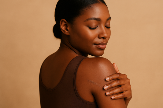 Junge Black-Skin Frau im braunen Oberteil berührt sanft ihre Schulter, leichte Narbe sichtbar – Beauty-Porträt für Artikel über Körpernarben bei dunkler Haut